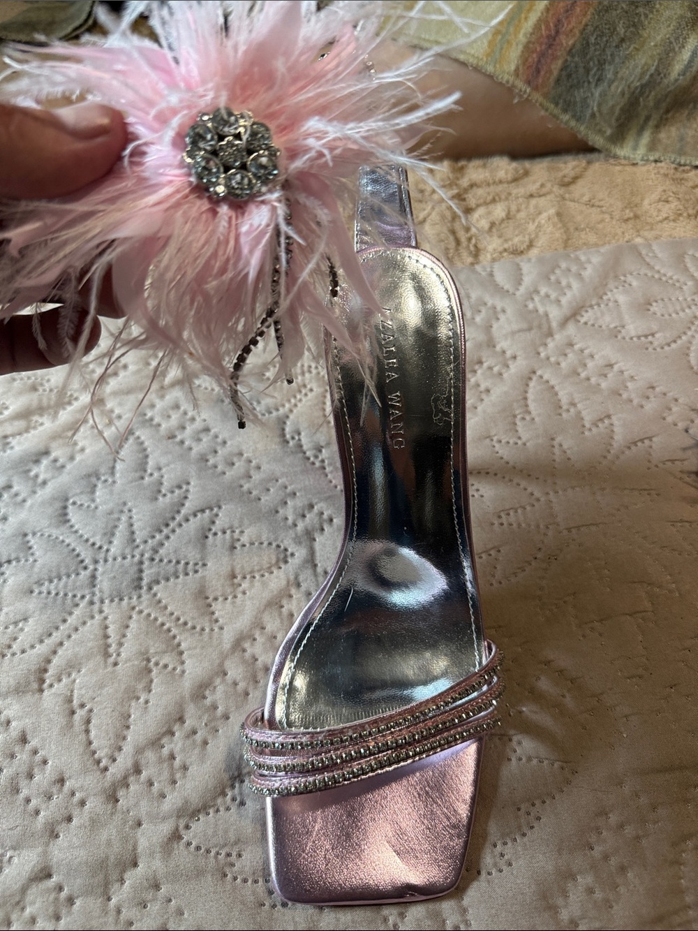 Zanotti Metallic Pink Feather Slingback Heel with Crystal Brooch